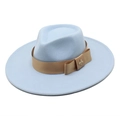 Detail of light blue wool fedora hat with camel ribbon and golden bee brooch - M (56-58cm) / Sky Blue