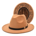 Detail of camel fedora hat featuring golden M metal buckle and leopard print brim lining - M (56-58cm) / Camel
