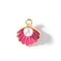 Golden shell pendant with pink enamel and pearl center for DIY jewelry making - Deep Pink Gold Plated