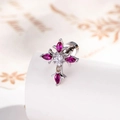 Silver cross stud earring with red marquise gemstones and flat back screw post - Rose Red