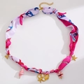 Silk scarf necklace with pink ocean print and gold starfish pendants on white background - Starfish Shell Star Style (4772)