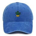 Close-up of green cactus embroidery on a washed blue cotton baseball cap with detail - Dark Blue