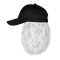 Side view detail of black baseball cap with curly white synthetic hair extension - Silver Gray