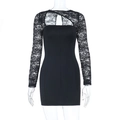Close-up of black lace sleeves and chest cutout detail on a slim-fit mini dress - XS / Black