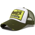 Olive green and white distressed trucker hat with yellow embroidered Western patch - Adjustable / Green