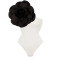 White bandeau swimsuit featuring a large 3D black floral accent with high contrast - White With Black Flowers