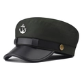 Detail of silver anchor emblem and leather strap on olive green sailor cap - M (56-58cm) / Anchor Style Army Green
