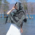 Ethnic paisley shawl in black and teal fabric with decorative fringe tassels - 353 Black Dark Green