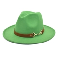 Close-up of grass green wool fedora hat with brown leather band and golden horsebit - Grass Green / M (56-58cm)