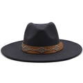 Close-up of wide brim fedora hat with brown leather band and silver metal rivets - M (56-58cm) / Dark Gray
