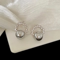 Elegant S925 silver needle pearl stud earrings with sparkling crystals and grey finish - Silver ED68157 Half Hoop Pearl
