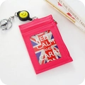 Pink faux leather multi-card holder with zipper pocket and smiley face retractable badge reel - Rose Red