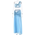 Women's 2-piece light blue mesh set with cropped tube top and ruched maxi skirt - S / Top And Bottom / Blue