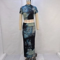 Dames 2-delige set met abstracte print crop top en hoge taille bodycon maxi-rok - S / Groen/Gedrukt Blauw