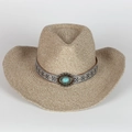 Detail van stro-weefseltextuur op beige hoed met etnische band en turquoise gesp - Verstelbaar / Khaki