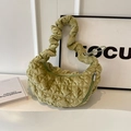 Quilted light green cloud bag in velvet finish with ruffled strap and metal zipper - Fruit Green