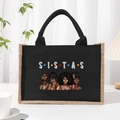 Black canvas tote bag with SISTAS print and jute trim, perfect for gift shopping - Black Graphic 6 SISTAS