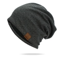 Grey and black checkerboard knit beanie with a brown leather logo tag for women - One Size / Dark Gray
