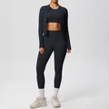 Three-piece yoga set with slim fit zipper jacket, sports bra, and high waisted leggings - S / Black