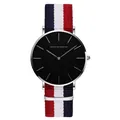 Minimalist quartz watch featuring a black dial and red, white, blue striped NATO strap - Silver Case Red White Blue NATO Strap
