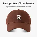 Brown oversized cotton baseball cap with white 3D R embroidery for large head sizes - R Letter Hat-Coffee
