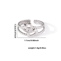 Detailed view of silver heart ring showing dimensions 1.2cm height and 1.6g weight - Adjustable Open / Silver-Double Heart Intertwined (TYR0563)