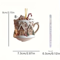 Detailed view of acrylic Christmas coffee cup ornament with exact dimensions 8x7.3cm - Coffee Cup Snow House Style B