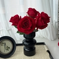 Elegant red velvet artificial roses in a glossy black ceramic gourd vase on a tray - French Velvet Red Roses 4 Pcs + Black Glass Vase