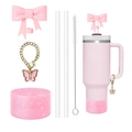 Pink Stanley cup accessory set with bow straw cover glitter silicone boot and butterfly charm - Bright Pink