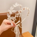 White lace flower and pearl headband with ribbon streamers for girls hair accessory - 2-Pack Butterfly & Apricot Rain