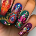 Macro detail of long square fake nails featuring colorful mandala and floral 3D patterns - Ethnic Flame Mandala Style (AW489) / With Jelly Glue and Nail File