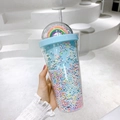 Dubbelwandige plastic beker in lichtblauw met regenboogdeksel en kleurrijke schuimkralen - Regenboogschuim-Blauw