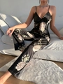 Set loungewear da donna in raso nero floreale con canotta e pantaloni a gamba larga - S / Floreale Nero