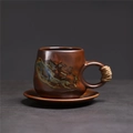 Retro ceramic coffee cup and saucer set with dark brown kiln glaze and hemp rope handle - 236-c Round Handle Coffee Cup + Saucer (brown) 300ml / Universal