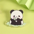 Cartoon panda acrylic brooch pin with bamboo and pink cheeks on green background - Acting Cute Panda