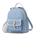Light blue mini backpack with white trim, faux fur pompom and Fashion Queen text - Small / Blue