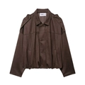 Giacca da donna in finto camoscio marrone cioccolato con revers a lancia e vestibilità comoda - XS / Marrone Scuro