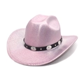 Close-up of pink glitter western cowboy hat with black leather band and silver studs - M (56-58cm) / Light Pink