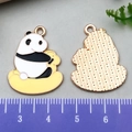 Cartoon panda metal pendant with gold trim and white enamel detail for DIY jewelry - Panda Riding Rocking Horse