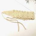 Boho style cream floral crochet headband with delicate woven ties for women - Off-White Solid