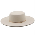 Elegant beige wool felt boater hat with a wide brim and decorative gold buckle leather band - M (56-58cm) / Beige