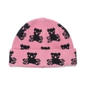 Detailed knit texture of pink winter beanie with cartoon bear patterns and folded brim - L(58-60cm) / Pink