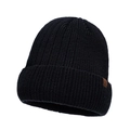 Berretto classico in maglia a coste nere con fodera in pile e toppa in pelle marrone - Nero