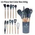 12-piece dark grey silicone kitchen utensils set with wooden handles in a matching bucket - Lightweight Kitchen Utensil Set / Dark Gray