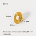 Close-up of 18K gold plated stainless steel ring with white shell stone and sizing data - Oval White Zirconia Style (DFR177)
