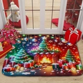 Detailed Christmas floor mat with festive tree and gift box print on wooden floor - Fireplace Warm Winter