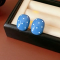 Primer plano detallado de pendientes ovalados azules con lunares en un estuche negro - Azul