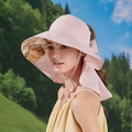 Pink sun hat with neck flap, wide leaf print brim, and elegant bow decoration - Leaf Pink