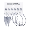 6-pair set of silver alloy earrings featuring hearts, stars and hoops on a display card - E040/Silver Series / Silver
