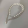 Minimalist double-layered necklace featuring white faux pearls and silver lock pendant - Silver Necklace